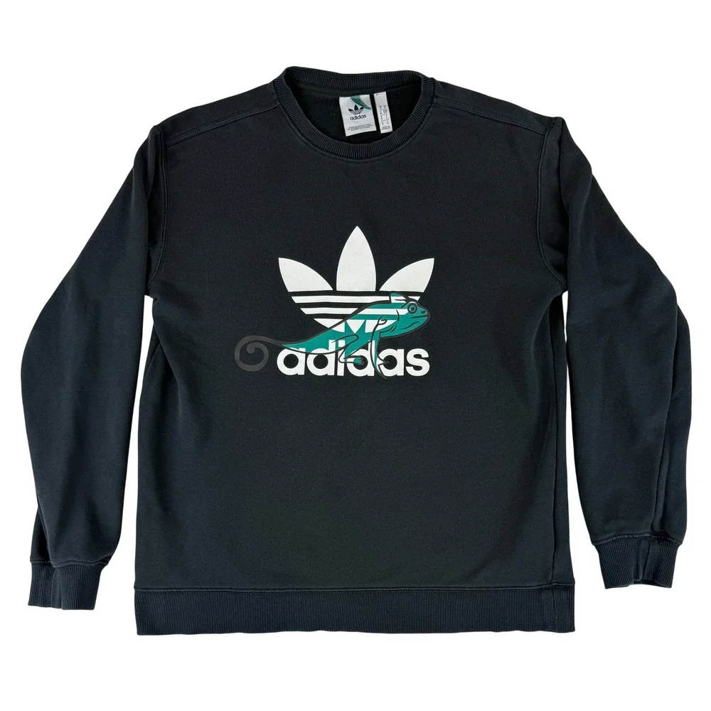 Adidas Sweatshirt Mens Small Black Chameleon Trefoil Logo Graphic Pullover